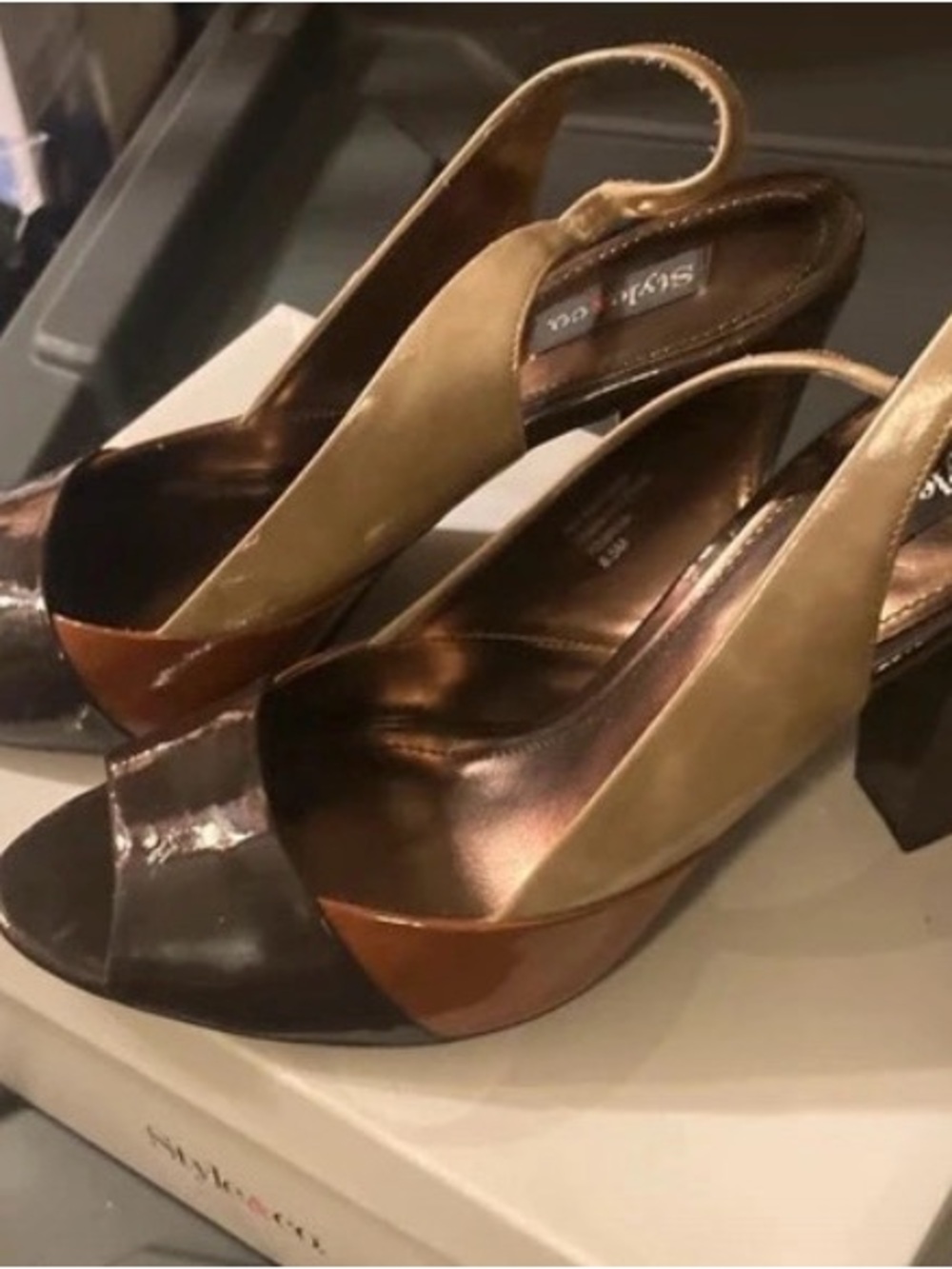 Karma Colorblock Slingback Peep-Toe Heels in Brown and Tan
